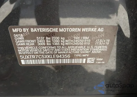 2019 BMW X3 Sdrive30I z USA, uszkodzony, nr VIN 5UXTR7C5XKLE94356